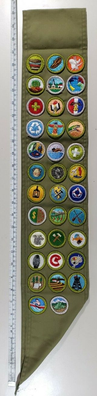 Vintage / Nm 1960s Boy Scout Merit Badge Sash - 35 Badges.  30 Inches Long