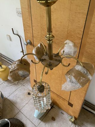 Very Unusual Antique Brass Chandelier With Crystal Droplets As Shades