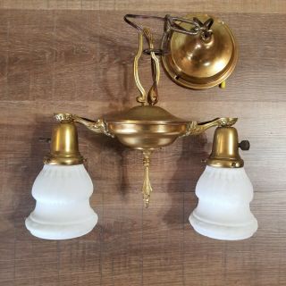 Vintage Art Deco Brass Hanging 2 Bulb Ceiling Light Fixture Chandelier Shades