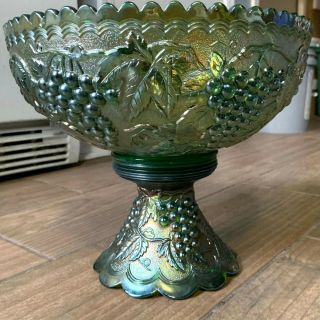 Stunning Vintage Imperial Green Carnival Glass Grape Design Compote Bowl & Stand