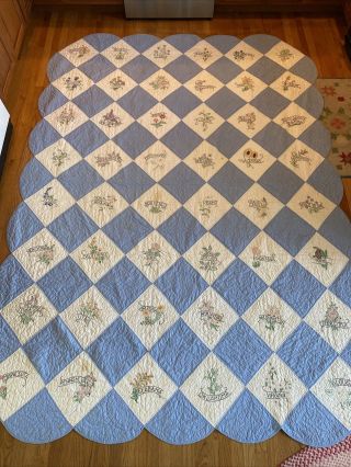 Vintage State Embroidered Flowers Hand Quilted Quilt 48 State 74” X 117”
