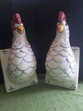 Ceramic Chicken Rooster Head Towel Apron Holder Wall Hook Farmhouse Set Of 2