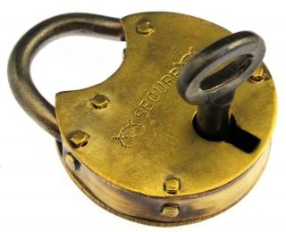 Antique Brass Padlock Circular Secure With Key - My Ref P367