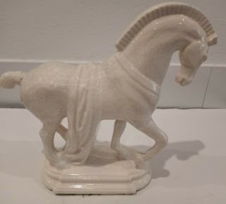 Vintage Prancing White Trojan Horse Ceramic Crackle Glaze Statue 12 " H