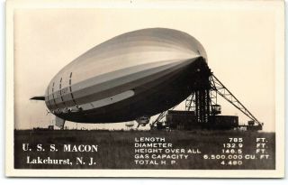 Real Photo - Us Navy Military Airship - U.  S.  S.  Macon - Lakehurst - Jersey - Postcard I