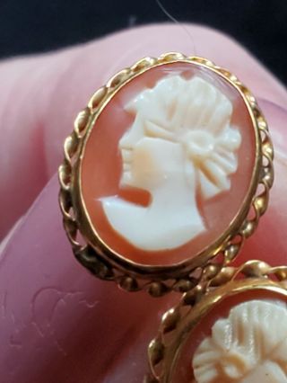 Vintage 14k Yellow Gold Oval Carved Shell Cameo Framed Stud Earrings