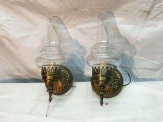 Vintage Pair Solid Brass Wall Sconces Candle Holders 12” Glass Shades