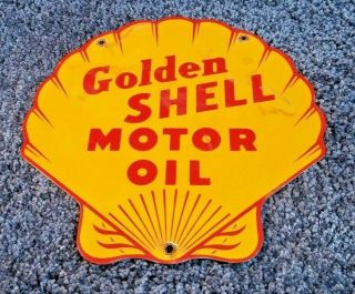Vintage Shell Gasoline Porcelain Golden Motor Oil Service Station Sign