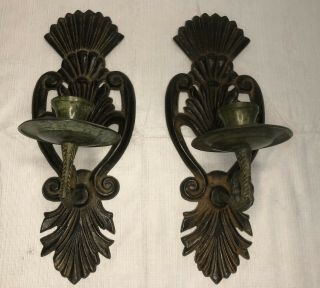 Matching Set Of 2 Antique Vintage Brass Wall Sconces Candle Holder Great Patina