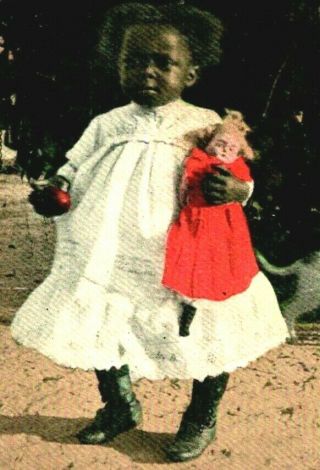 1910 Black Americana Postcard - " A Southern Piccaninny " With White Doll And Dog