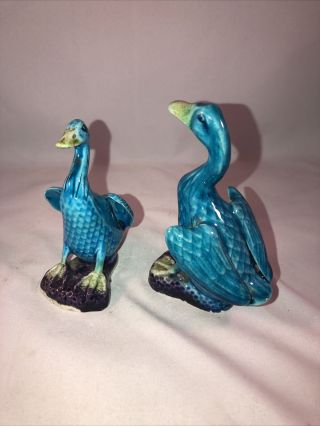 2 Vintage Porcelain Turquoise Blue Ceramic China Peking Duck Figurines