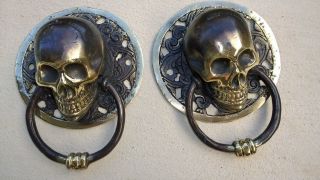 2 Round Large Skull Head 11.  5 Cm Ring Pull Handle Brass Day Of The Dead Door B