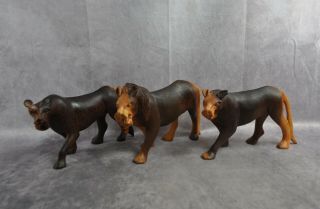 Set Of 3 Hand Carved Wooden African Cats Lion Lioness Leopard