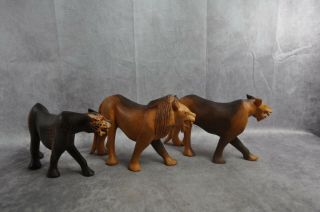 Set of 3 Hand Carved Wooden African Cats Lion Lioness Leopard 2