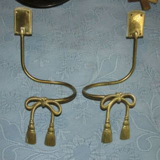 2 Vintage Victorian Style Brass Curtain Tie Backs With Bow & Tassle Decorations
