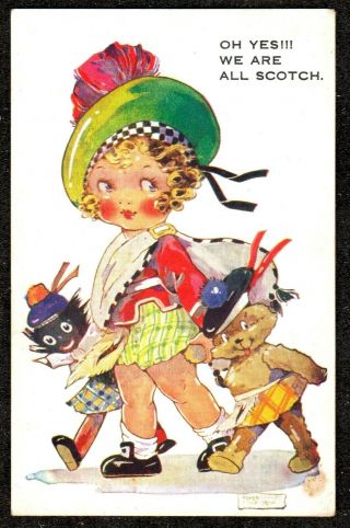 1920 Agnes Richardson Girl Kilt Black Doll Teddy Bear Postcard We Are All Scotch