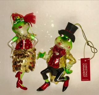 Pair Dancing Frogs In Formal Ware Tux Top Hat Cha Cha Glass Tree Ornaments