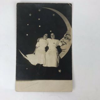 Rppc Paper Moon Studio Photo With Two Young Women In Photography Studio