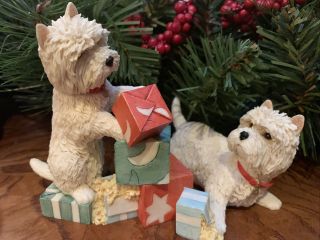 Westie West Highland Terrier Dog Christmas Figurine With Present Boxes