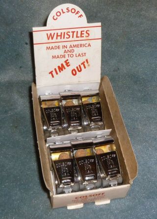 Dozen Colsoff Loud Whistles In Display Box Vintage No 300 Chrome Brass