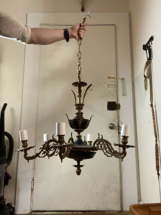 Antique Solid Brass Victorian Art Nouveau Chandelier Light Fixture -