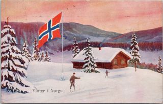 Vinter I Norge Winter Norway Skiing Flag Snow Jhkas C1914 Postcard F46