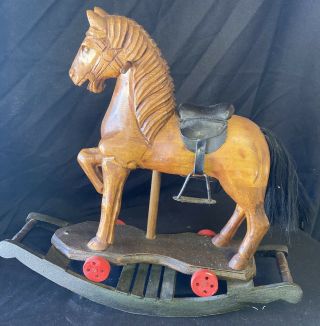 Vintage Hand Made Wooden Rocking Horse Toy 17” Long 15” High