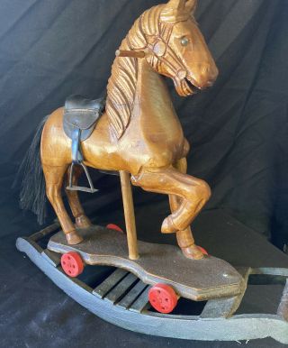 VINTAGE HAND MADE WOODEN ROCKING HORSE TOY 17” Long 15” High 3