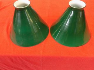 (2) Antique Vintage Green And White Glass Desk Or Hanging Lamp Shades