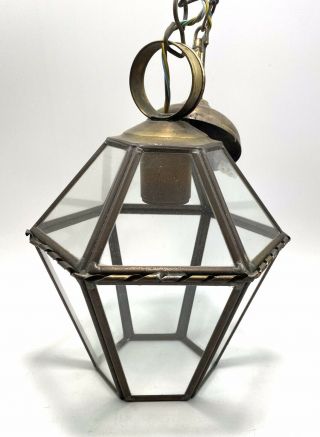 Vintage French Brass & Glass Ceiling Pendant Lantern Hall Light