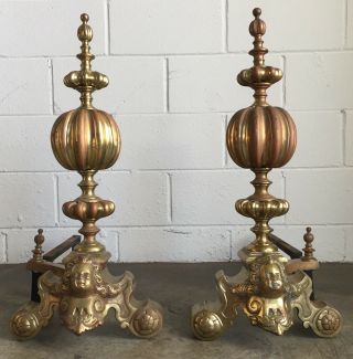 Antique Vintage Brass Copper Plated Andirons Heavy At 32lbs.  Each Local Pick Up