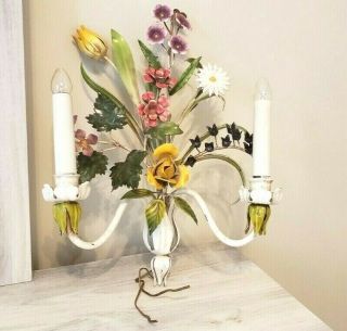 Vintage Flower Bouquet Toleware Tole Wall Lights Floral Sconce Made In Italy