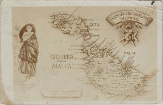 Greetings From Malta Maltese Islands Map Costume Gozo Rppc Postcard G30