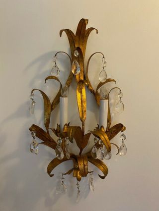 Vintage Gold Gilt Italy Florentine Crystal Wall Sconce Light Fixture