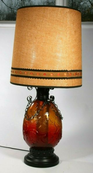 Spanish Revival Table Lamp Ruby Red To Amber Glass Gothic Mid Century Vintage - 2