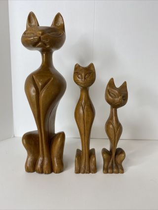 Vintage Mid - Century Wooden Carved Siamese Cat Figurines 3 5.  5 " - 9 " Length