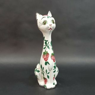 Vintage Italy Cat Figurine Long Neck Ceramic Strawberry Design 9.  75 " Statue