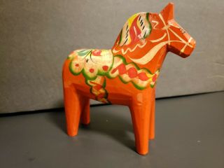 Vtg Red/orange Swedish Dala Horse Akta Dalahemslojd,  Hand Carved & Painted Euc
