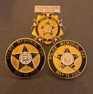 Fraternal Order Of Police Medal Of Honor & Police Memorial Day Pinbacks.