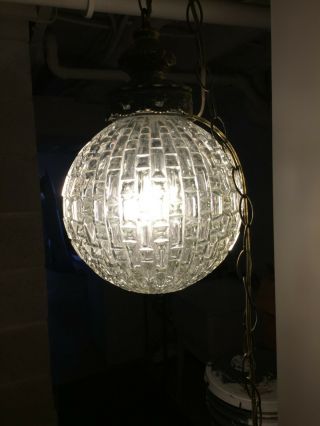 Vintage Mid Century Modern Clear Geometric Cut Glass Globe Hanging Light Fixture 2