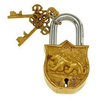 Lion Design Lock Vintage Antique Style Handcrafted Brass Padlock & Unique Keys