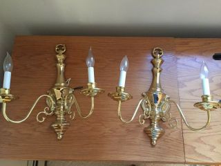 Vintage Polished Brass Wall Mounted Electric 2 Arm Sconce Ornate