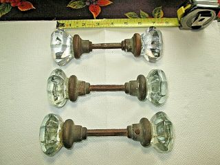3 Pairs Of Vintage Octagonal Clear Glass Door Knobs W/ Spindles