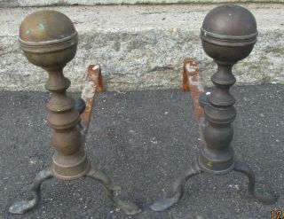 Antique 18th Or 19th C.  Ball Top Brass Andirons 14 1/2 " High