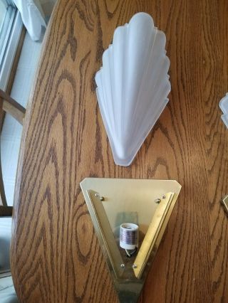 Vtg Art Deco Quoizel Frosted Glass Slip Shade Wall Sconce Mcm 13 " Brass Lamp