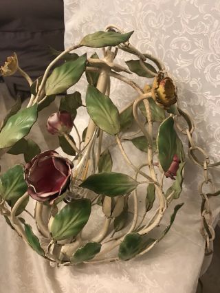 Vintage Shabby Italian Tole Pink/red & Yellow Roses 3 Light Birdcage Chandelier