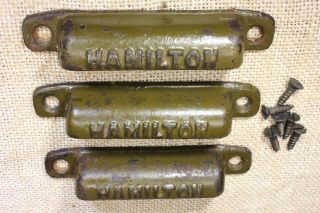 3 Old Drawer Pulls Handles Hamilton Type Storage Vintage Olive Green Cast Iron