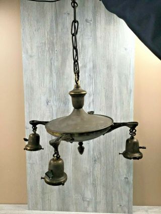 Vintage Hanging 4 Lamp Ceiling Light Fixture Metal Brass Goldtone Chandelier