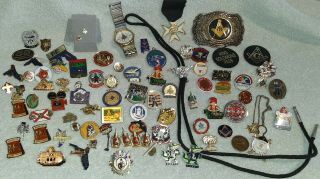 Grab Bag Of Masonic,  Grotto,  Shriners Pins,  Watch,  Belt Buckle And Bolo Tie