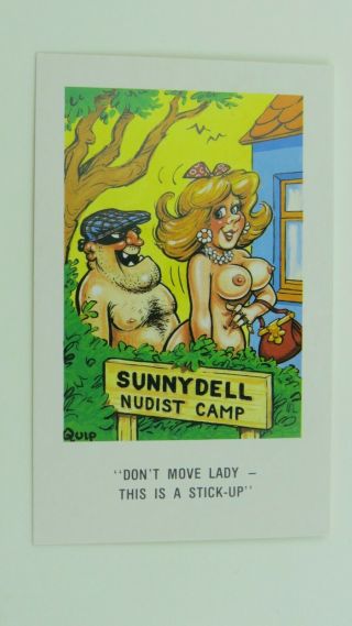 1960s Risque Comic Postcard Blonde Nudist Camp Big Boobs Handbag Mugger Criminal